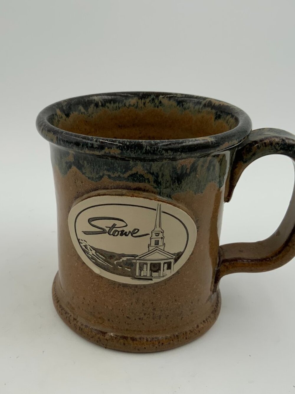 Tan Drip Glazed Sunset Hill Stoneware Mug Handcrafted USA Stowe Church Vermont